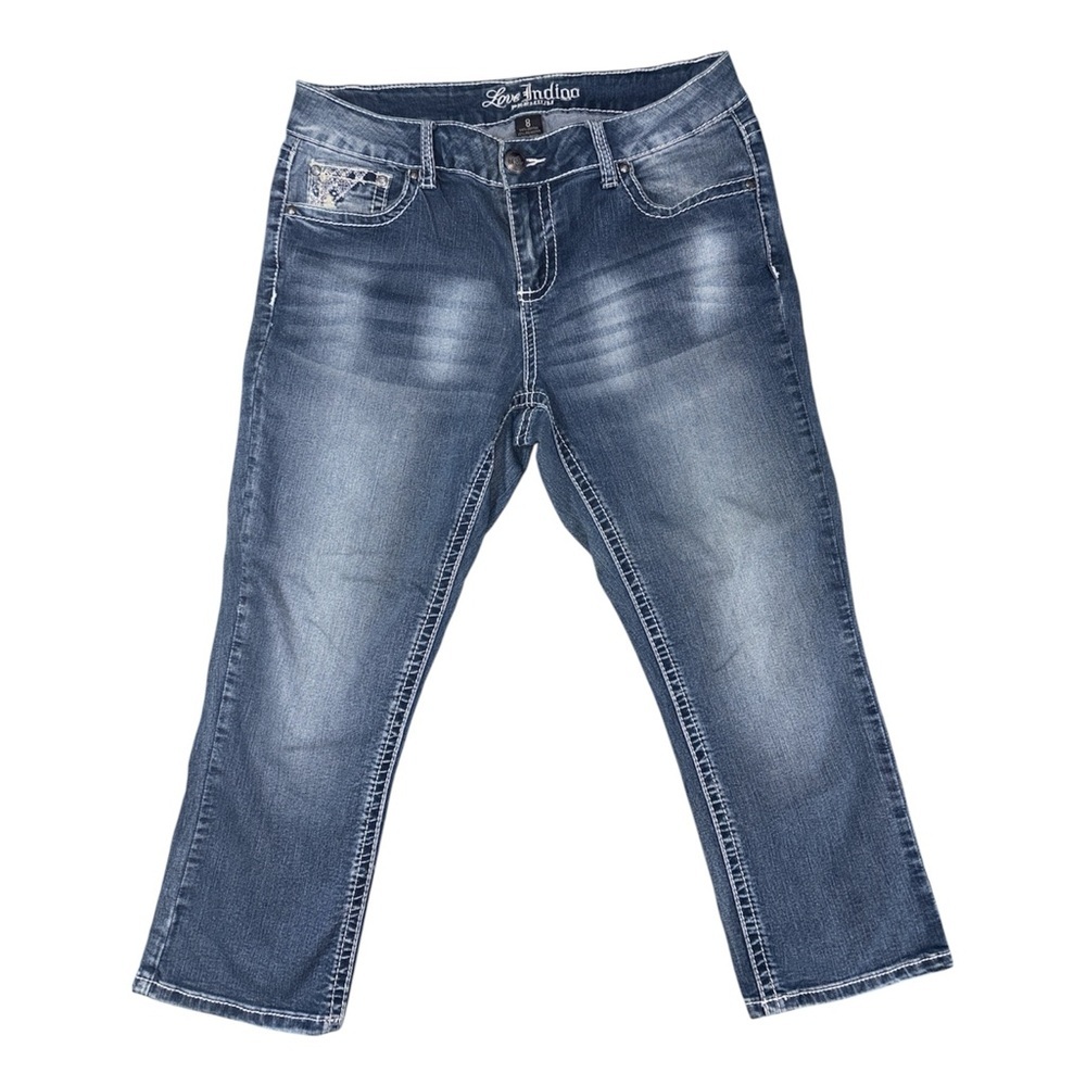 Love Indigo Premium Y2K Mid Rise Embellished Blue Capris Jeans Women’s Size‎ 8